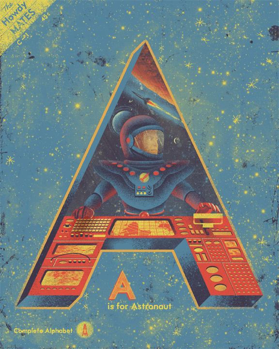 A Is For Astronaut Typography Alphabet Space Art Retro Futurism