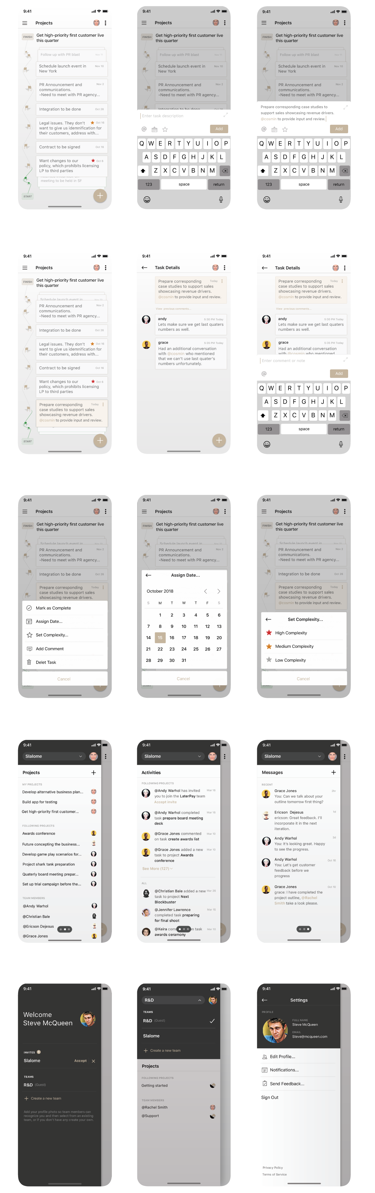 Slalome mobile collaboration application screens
