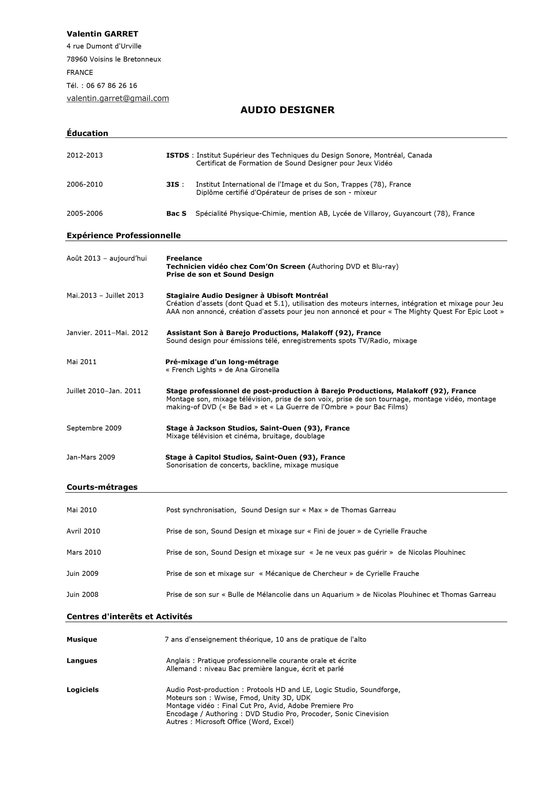 Contact Information - Valentin Garret Sound Design