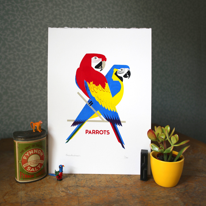 Parrots screen print Chris Andrews