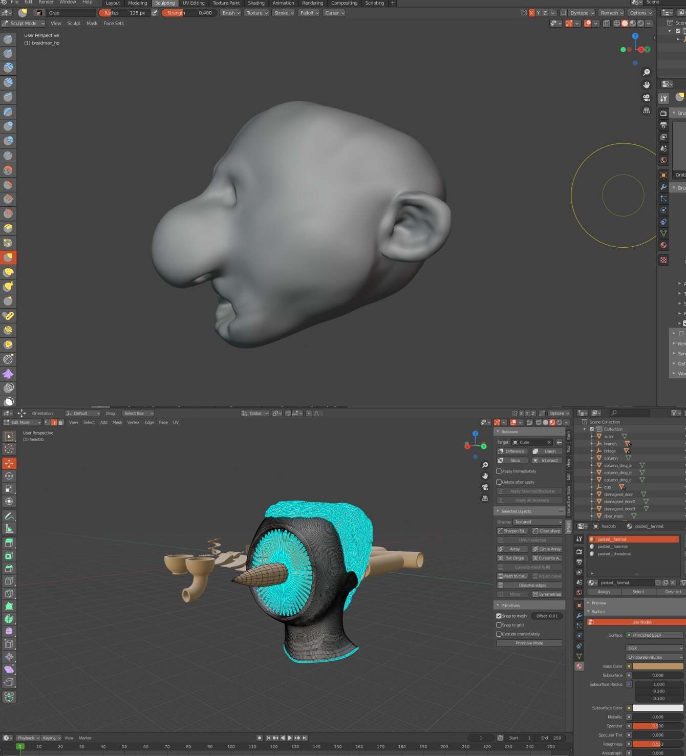 3D Modeling Workspace with Sculpted Head Meshes in Blender Interface -  alexboya.com, image size:1340x1477