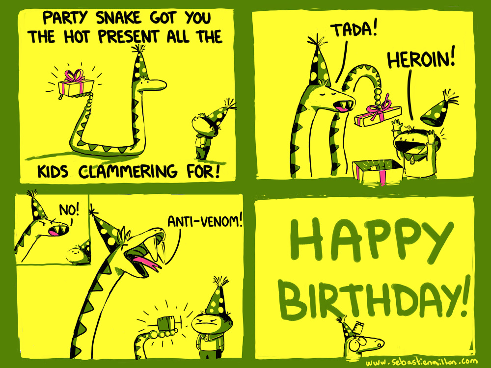 Party Snake Birthday Card Comic - Sebastien Millon / Art &amp; Illustration