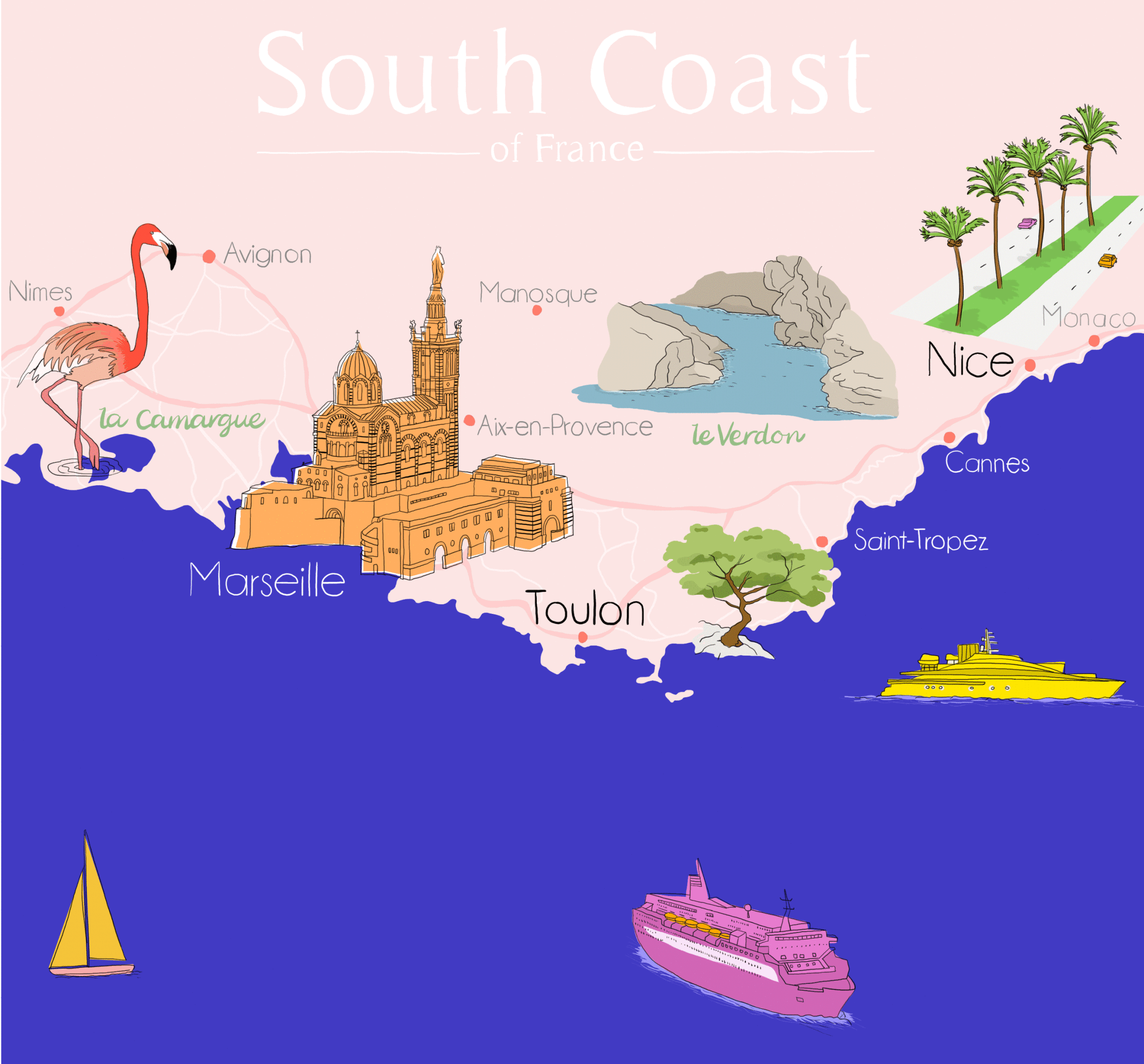 Map of the South Coast of France - Claire Rollet illustrator