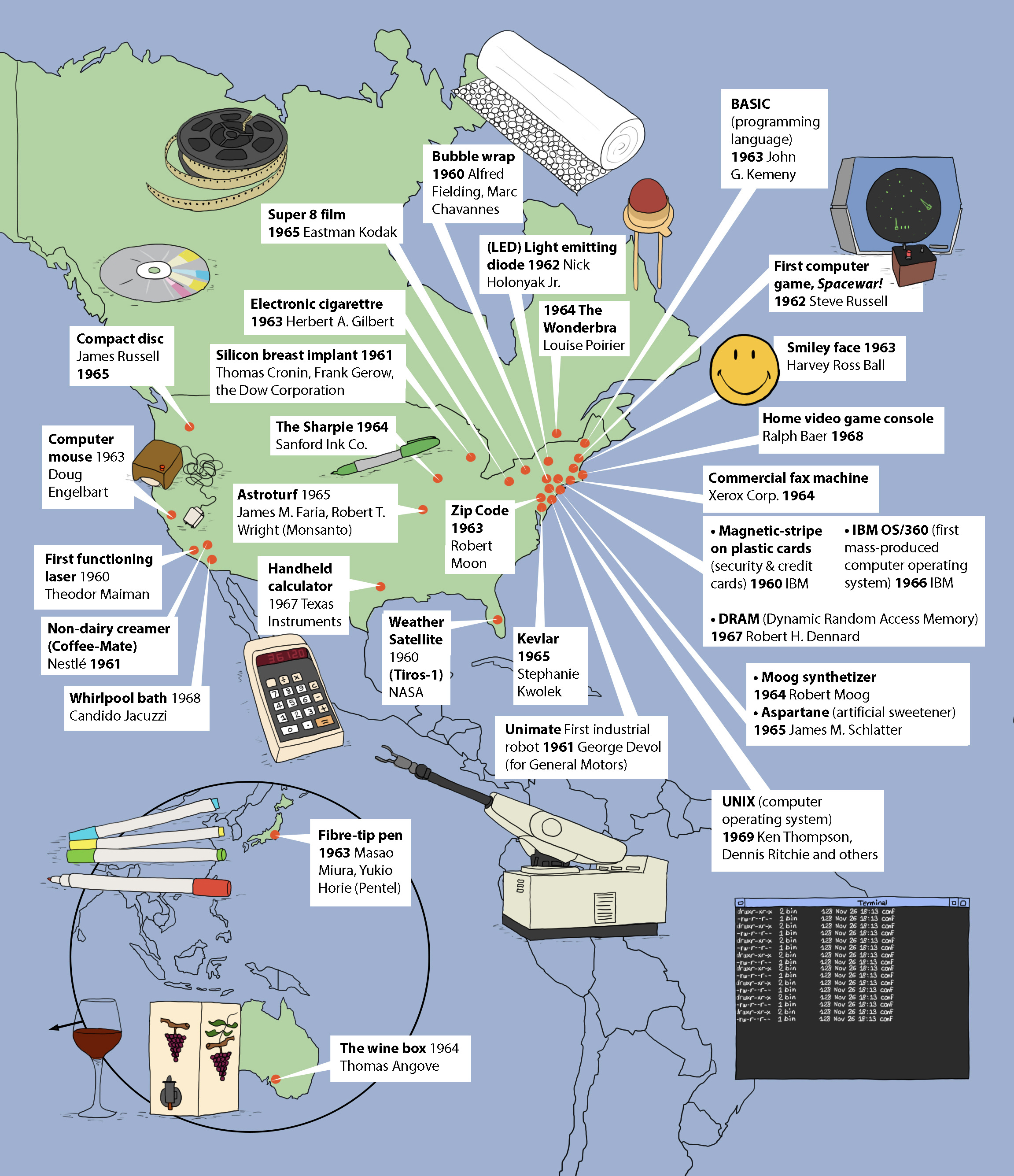 THE 1960S IN MAPS - A decade of inventions - Claire Rollet illustrator
