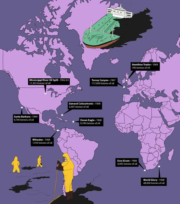 THE 1960S IN MAPS - Catastrophic oil spills - Claire Rollet illustrator