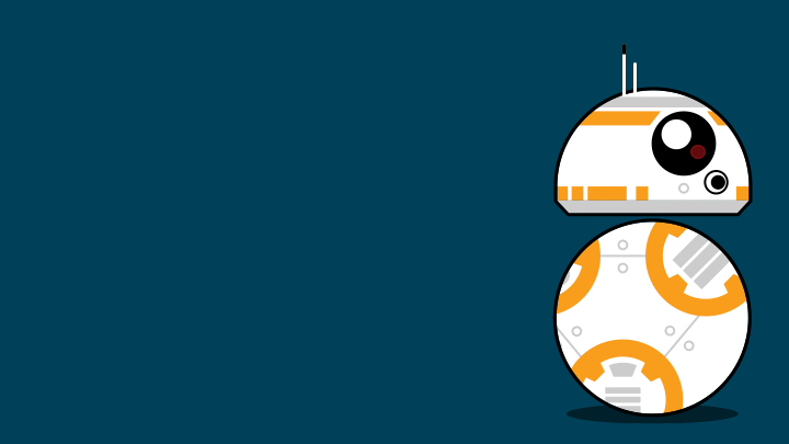 Animation of BB8 from Star Wars rolling from side to side of the frame. As it moves the cylindrical base appears to rotate and the head appears to turn from side to side with an indication of parallax to its antenna, creating a realistic illusion that it is a 3D animation with depth