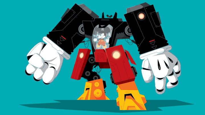 Animation of an angry looking Mickey Mouse inside of a large robot Mech suit. The suit is bouncing up and down slightly as though it is warming up to begin a fight
