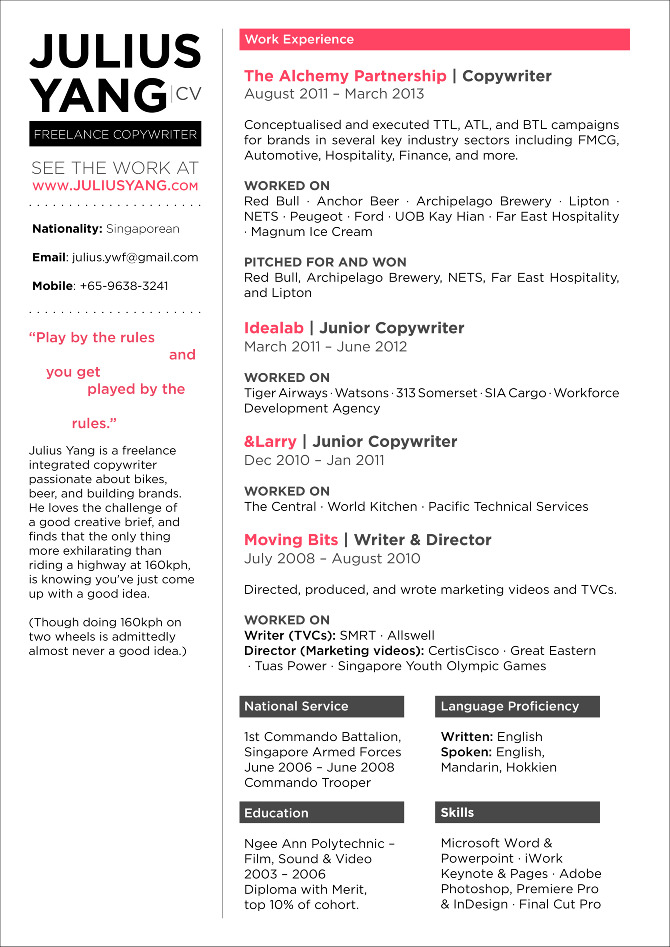 curriculum vitae julius yang copywriter cv copywriter