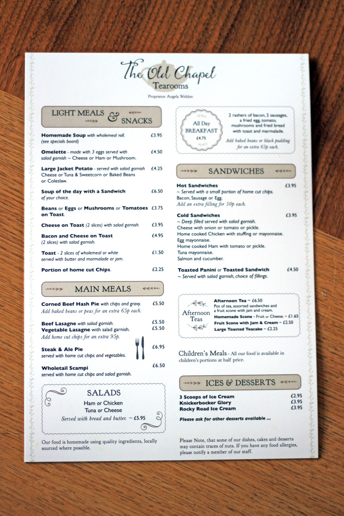 The Old Chapel Tearooms Menu John Muir