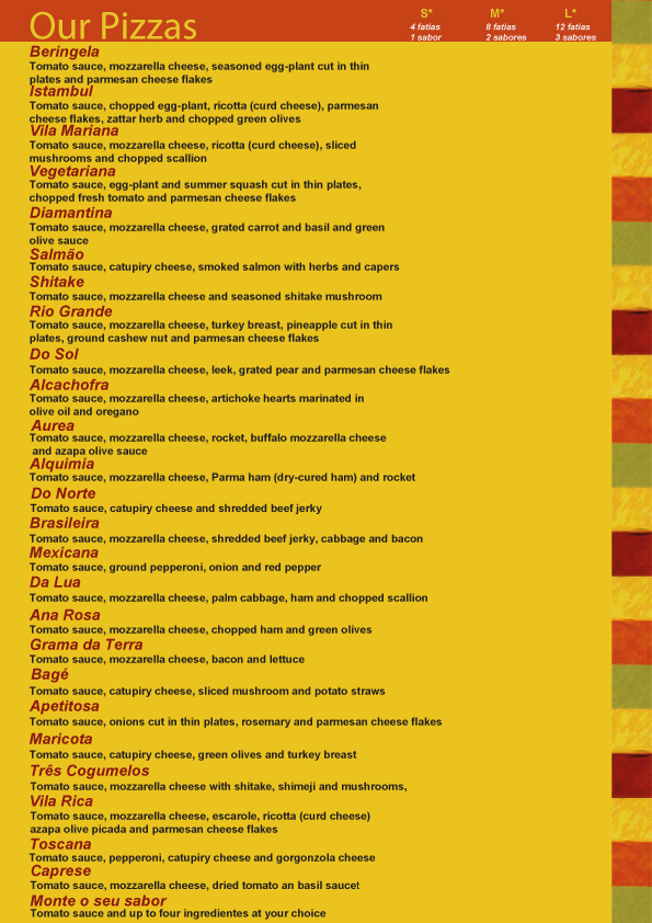English Menu Vila Milagro PIzzaria Brasília