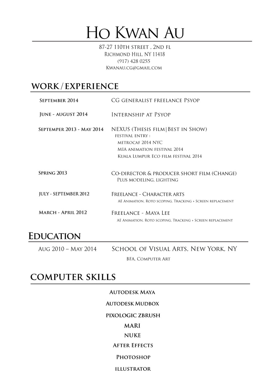 Resume Ho Kwan Au Cg Artist