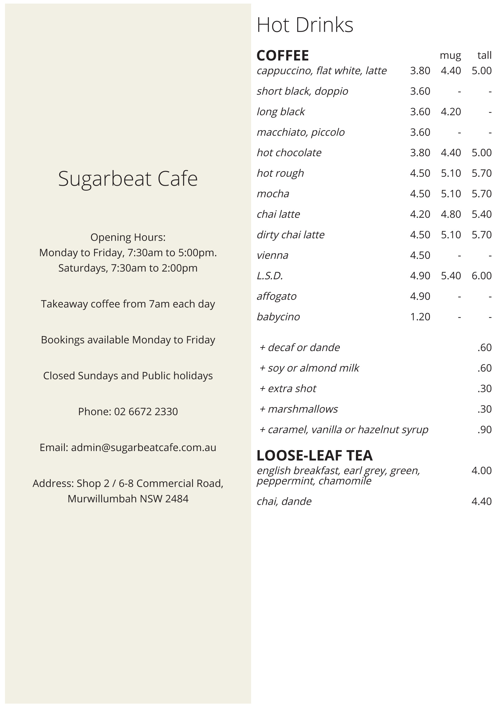 Todays Menu Sugar Beat Cafe